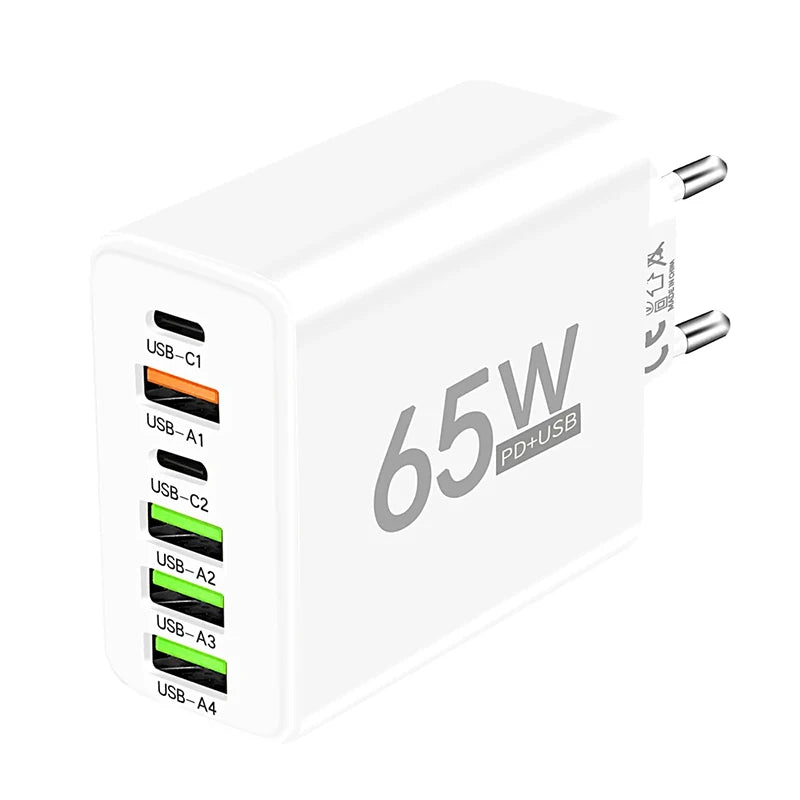 USB Type C Charger 6 Ports PD Fast Charging Wall Charger for iPhone 15 14 Pro Max Samsung Xiaomi Huawei Mobile Phone Charger