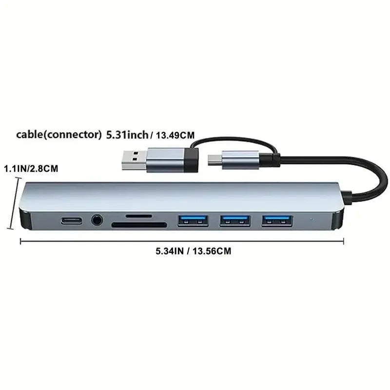 8 In 2 USB HUB With Splitter Card Reader, USB C Port, USB 3.0 / 2.0, SD/TF Splitter Card Reader, Docking Station