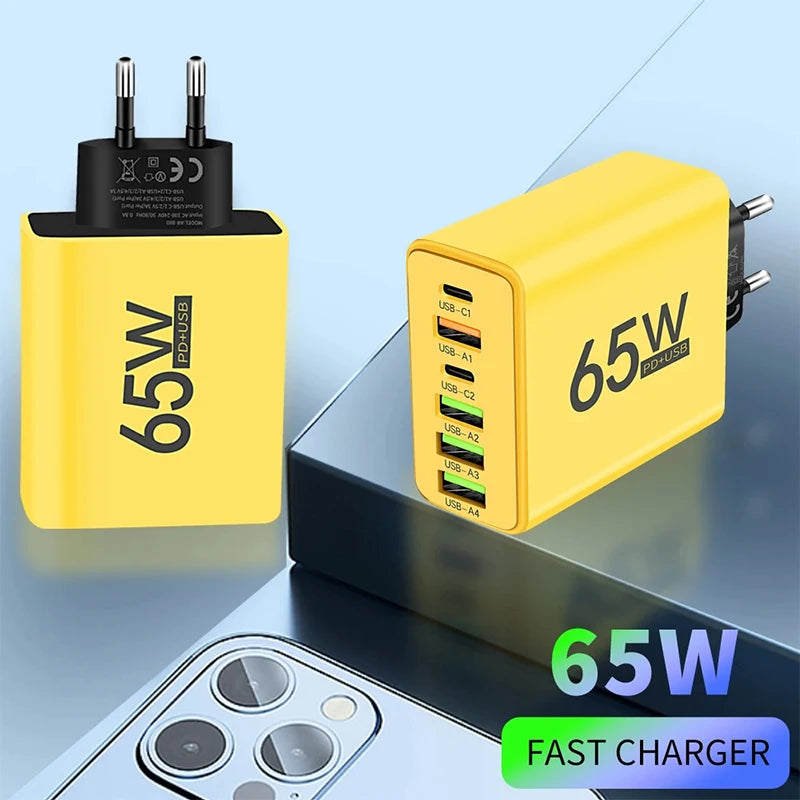 USB Type C Charger 6 Ports PD Fast Charging Wall Charger for iPhone 15 14 Pro Max Samsung Xiaomi Huawei Mobile Phone Charger