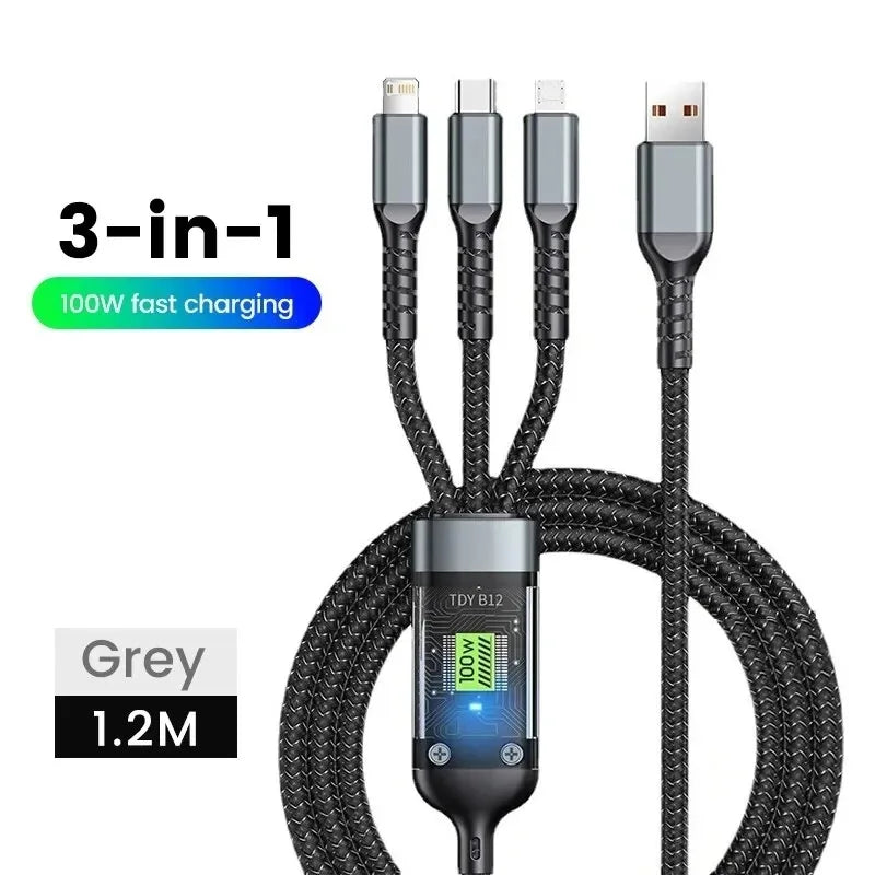 3 in 1 100W Fast Charging Cable USB Type C Cable For iPhone Realme Samsung Huawei 50 pro Micro Usb C Charger Charging Cable Wire