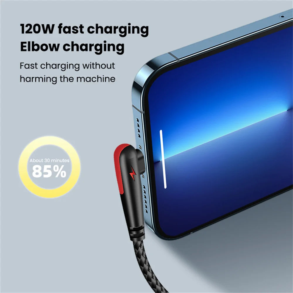 120W USB Type C Cable 90 Degree Elbow Fast Charging Phone Charger Data Cord For Samsung Xiaomi Huawei Quick Charge USB C Cable