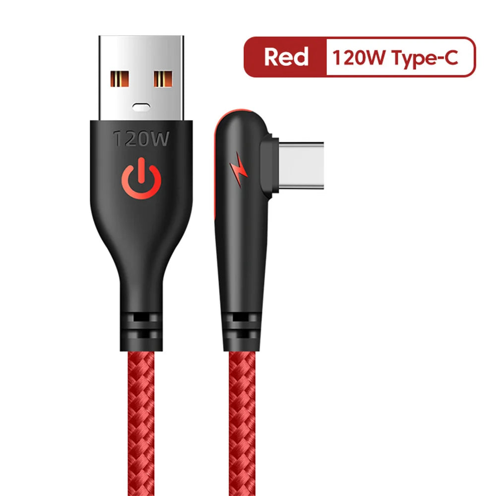 120W USB Type C Cable 90 Degree Elbow Fast Charging Phone Charger Data Cord For Samsung Xiaomi Huawei Quick Charge USB C Cable