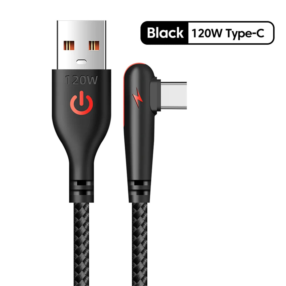 120W USB Type C Cable 90 Degree Elbow Fast Charging Phone Charger Data Cord For Samsung Xiaomi Huawei Quick Charge USB C Cable