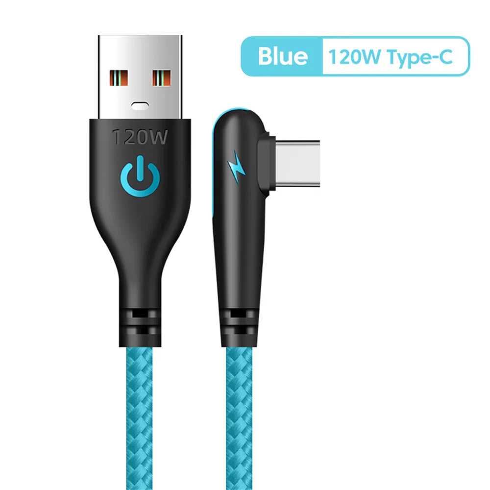 120W USB Type C Cable 90 Degree Elbow Fast Charging Phone Charger Data Cord For Samsung Xiaomi Huawei Quick Charge USB C Cable