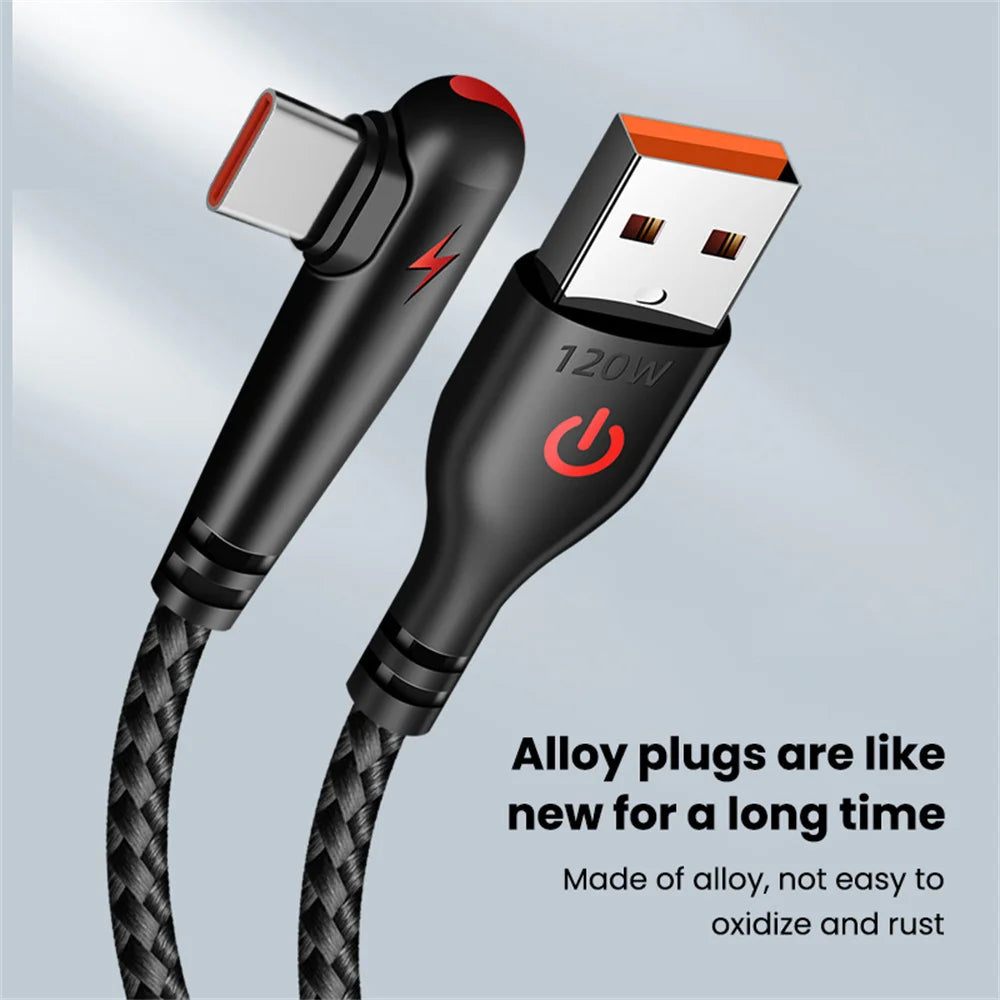 120W USB Type C Cable 90 Degree Elbow Fast Charging Phone Charger Data Cord For Samsung Xiaomi Huawei Quick Charge USB C Cable