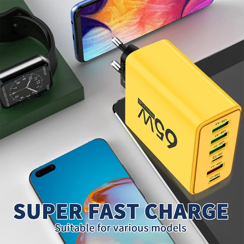 USB Type C Charger 6 Ports PD Fast Charging Wall Charger for iPhone 15 14 Pro Max Samsung Xiaomi Huawei Mobile Phone Charger