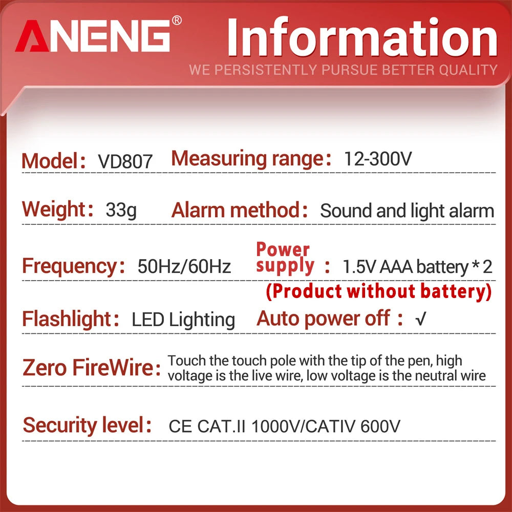ANENG VD807 One-word Induction Tester Portable 50/60Hz Smart Electric Pen NCV Sensor AC 12-300V Non-contact Wire Detector Tools