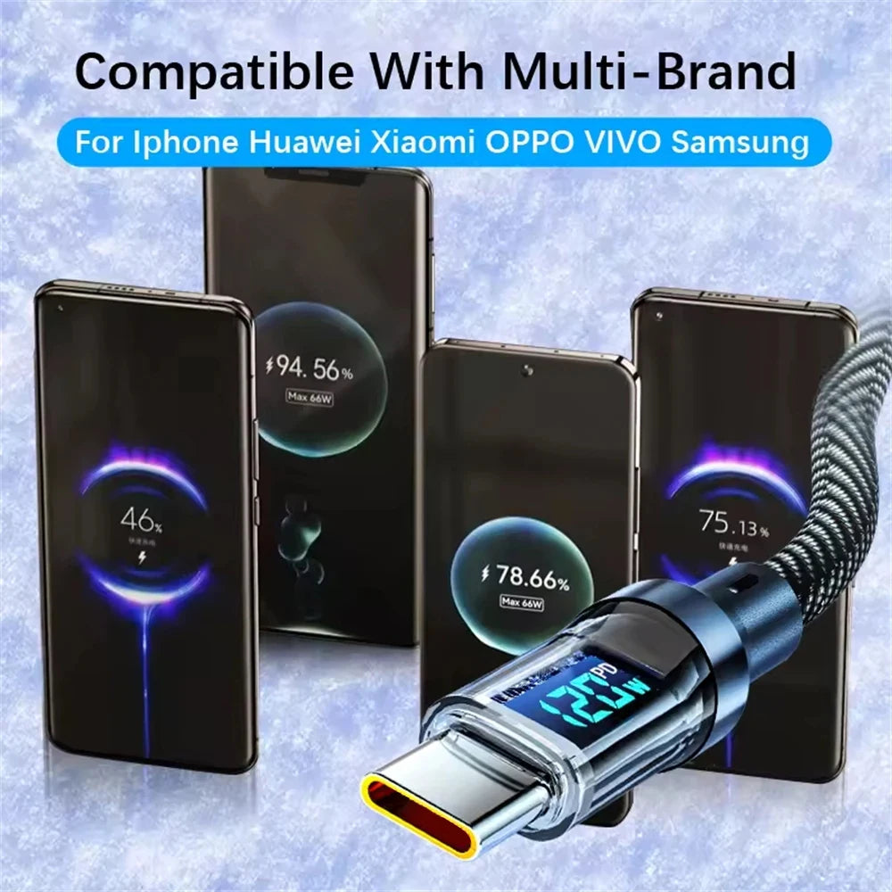 120W USB Type C Cable Fast Charging Cable For Xiaomi Redmi LED Display Phone Data Cord For Samsung Huawei Honor OPPO 1M 2M