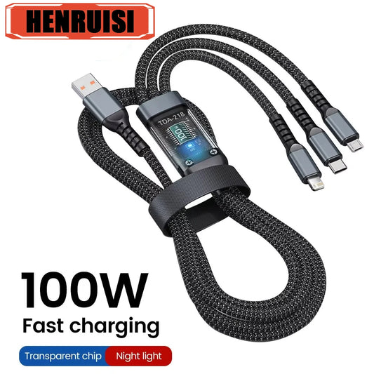 3 in 1 100W Fast Charging Cable USB Type C Cable For iPhone Realme Samsung Huawei 50 pro Micro Usb C Charger Charging Cable Wire