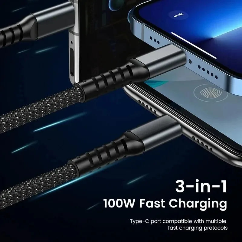 3 in 1 100W Fast Charging Cable USB Type C Cable For iPhone Realme Samsung Huawei 50 pro Micro Usb C Charger Charging Cable Wire