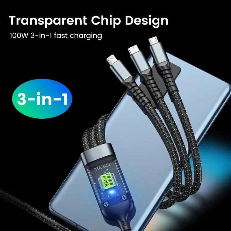 3 in 1 100W Fast Charging Cable USB Type C Cable For iPhone Realme Samsung Huawei 50 pro Micro Usb C Charger Charging Cable Wire