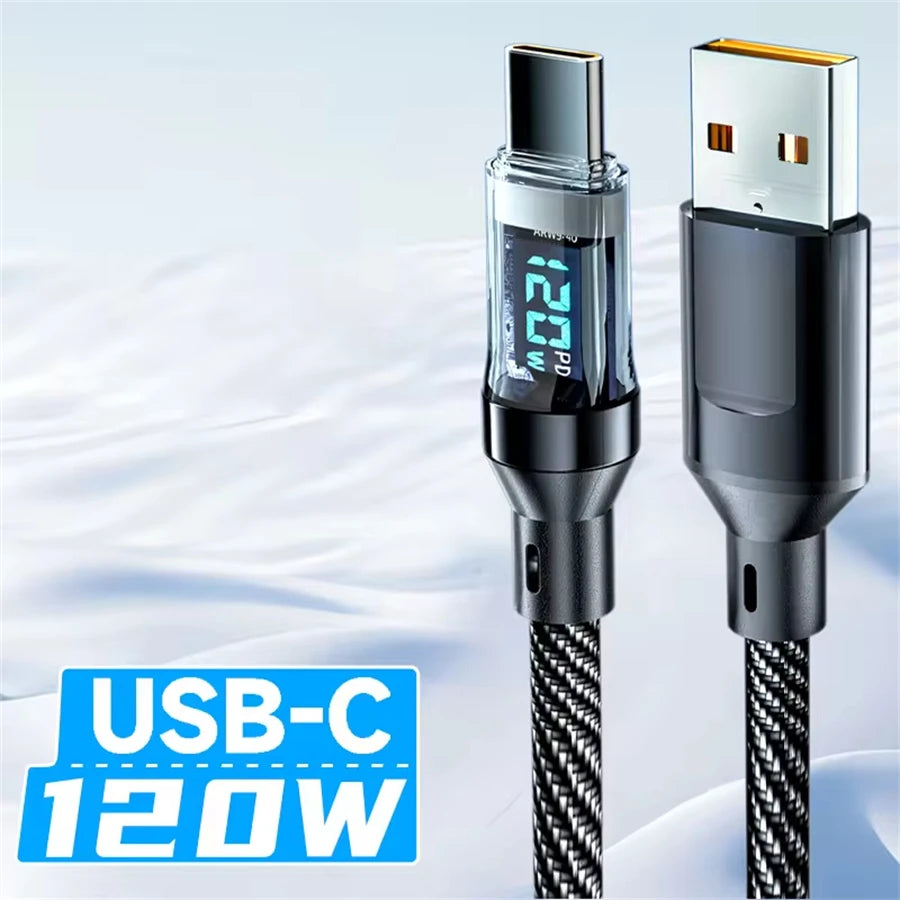120W USB Type C Cable Fast Charging Cable For Xiaomi Redmi LED Display Phone Data Cord For Samsung Huawei Honor OPPO 1M 2M