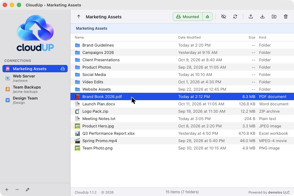 CloudUp file browser showing a cloud folder with dates, sizes and kinds