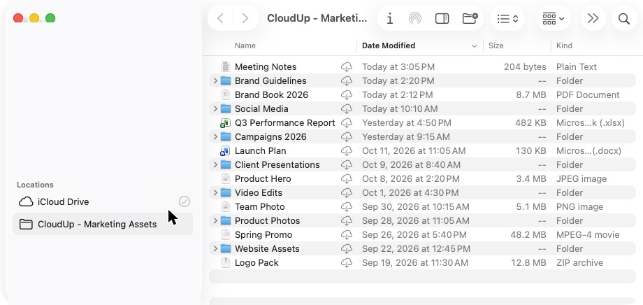 A CloudUp connection in Finder's sidebar under Locations
