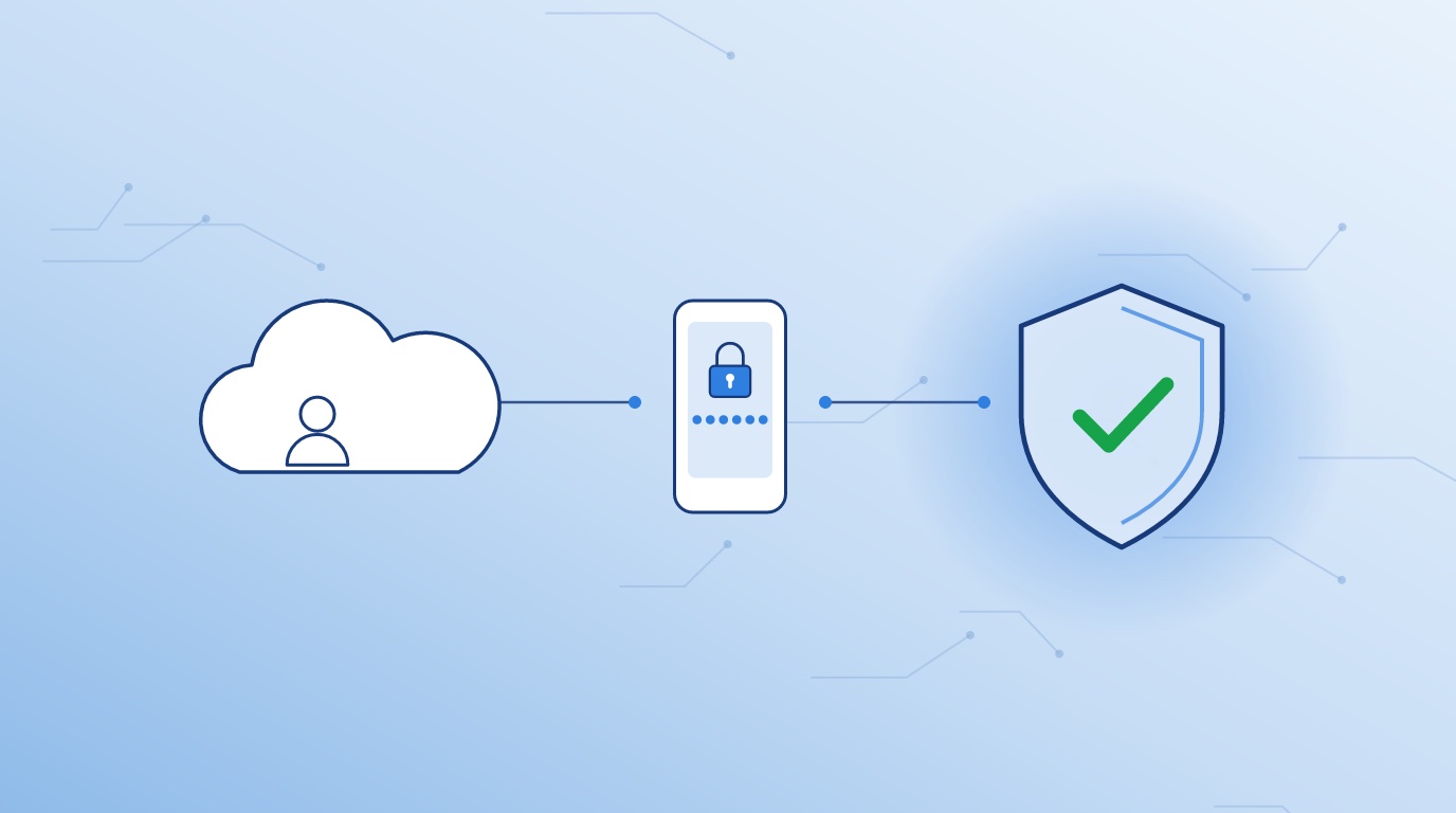 Cloud account, phone sign-in prompt and shield with a check mark