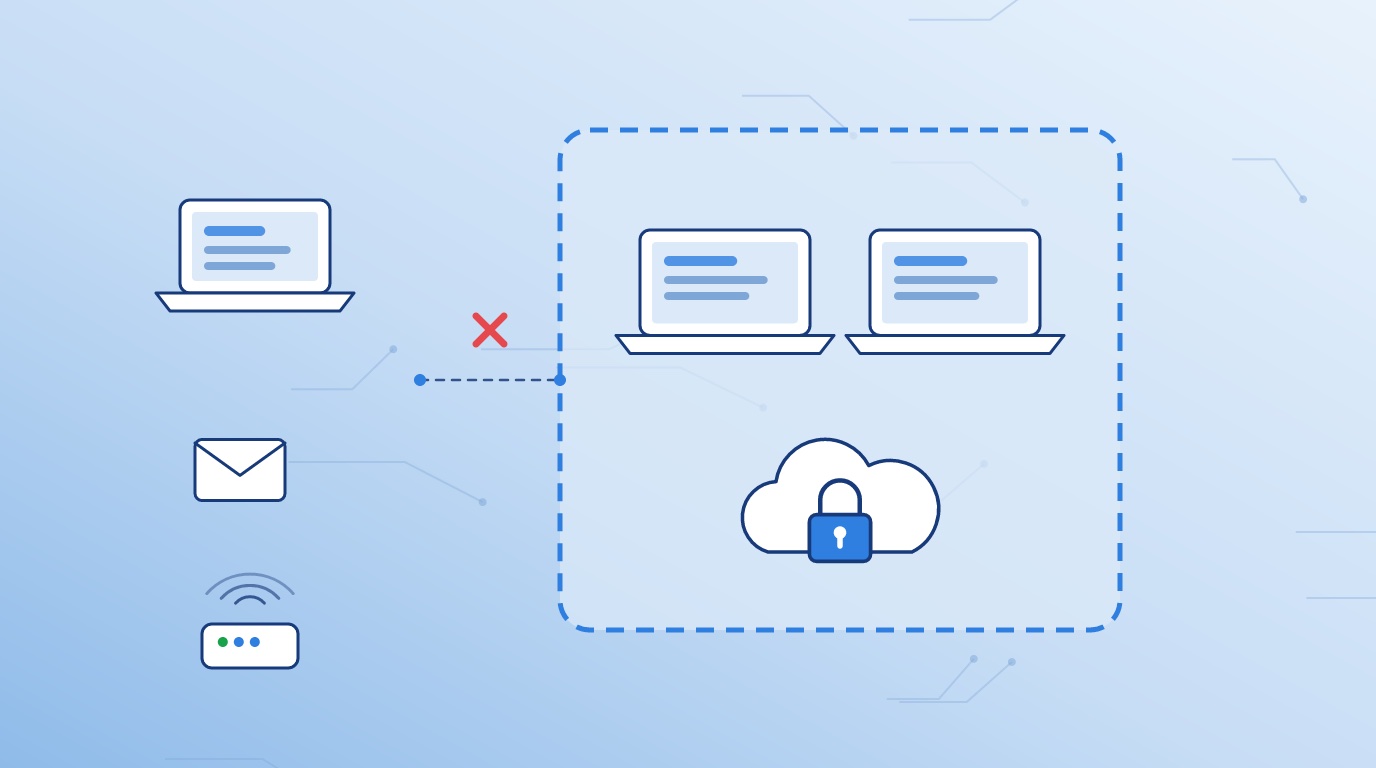 Protected enclave boundary around laptops and a locked cloud, with outside systems kept out