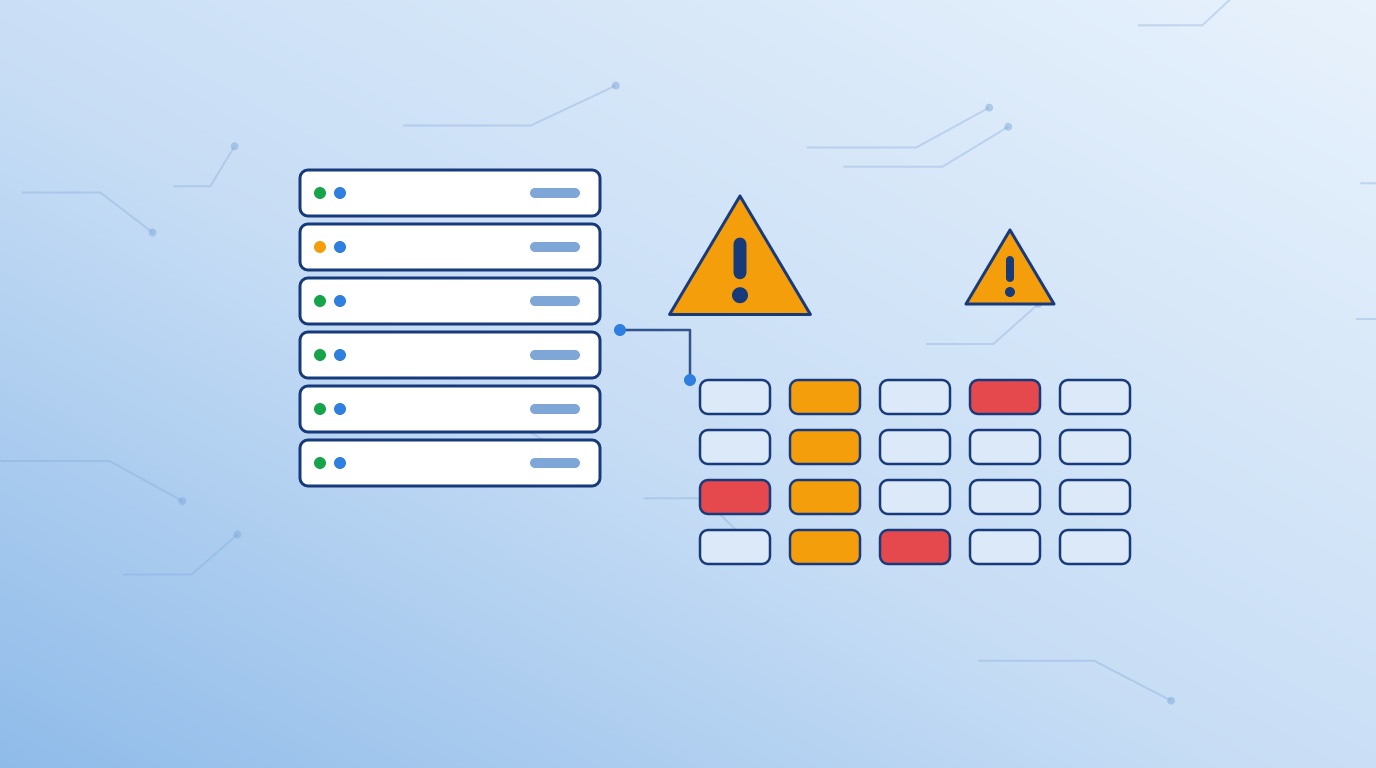 Server rack with warning signs and a grid of scan findings