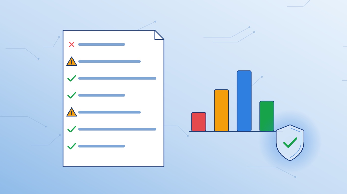 Scan report with findings, a trend bar chart and a shield